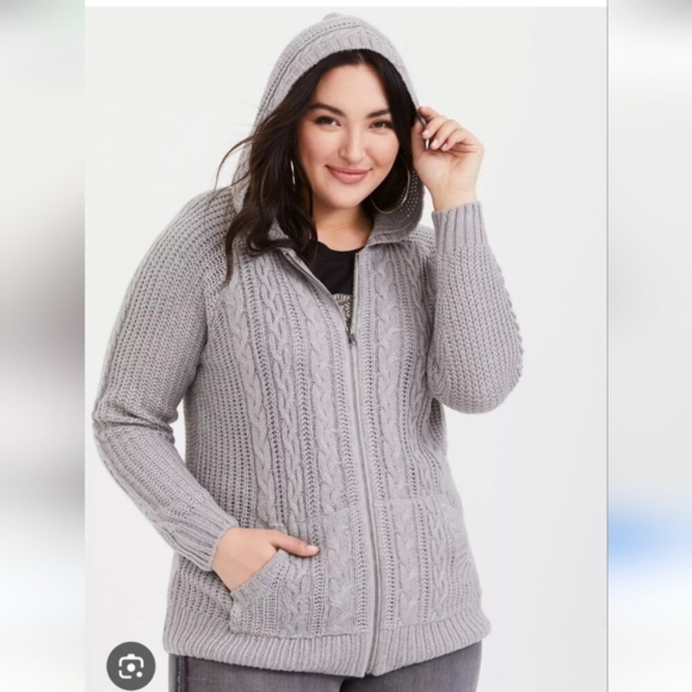 TORRID Cardigan Knit Cozy Gray Zip  Hooded Sweater Plus Coastal Preppy Classy